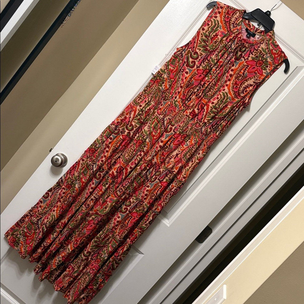 MSK Multicolor Printed Tie-Neck Dress in Pink, Orange, Green & Brown